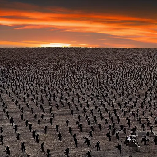 Image similar to an army of a million Barrack Obama’s on the battlefield with a beautiful sunset in the distance behind them, high contrast 4k hd photograph,