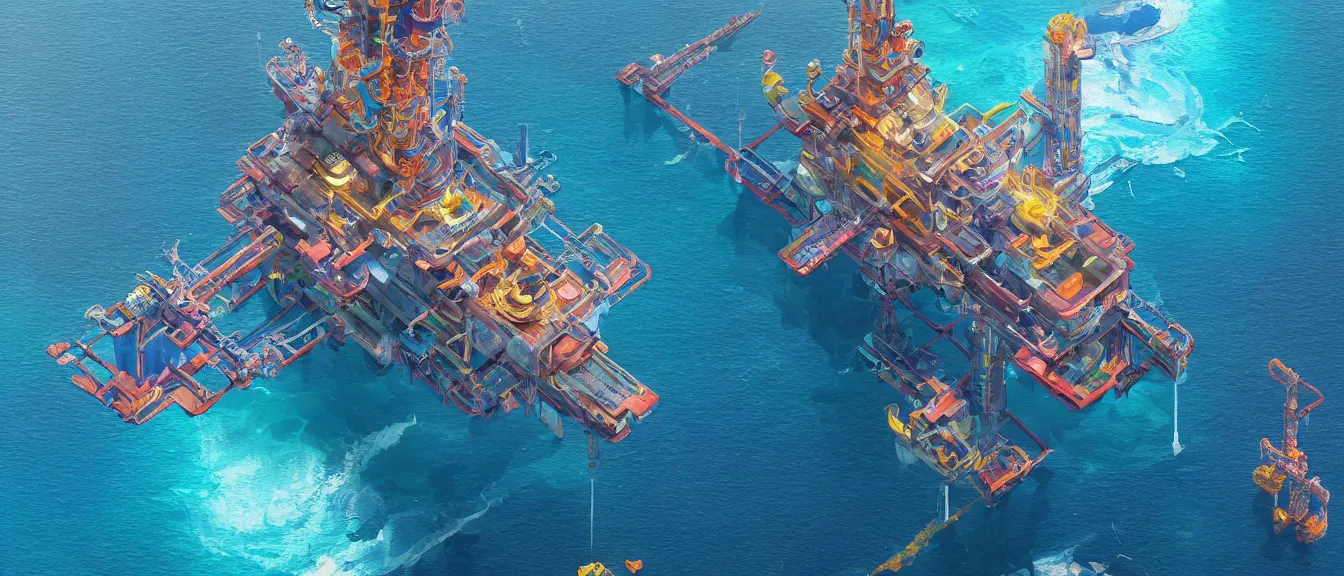 Prompt: futuristic oil platform on a colorful ocean, unreal engine, fantasy art by greg, loish, rhads, ferdinand knab, makoto shinkai, lois van baarle, ilya kuvshinov, rossdraws, tom bagshaw, global illumination, radiant light, highly detailed intricate environment, isometric, onstudio ghibli, octane render, 8 k