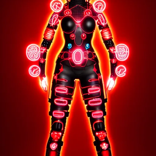 Image similar to cybernetic female warrior with glowing red heaphones and glowing red intricate sigils of death covering her body, intricate detail, finely detailed, small details, extra detail, trending on artstation, high resolution, 3D