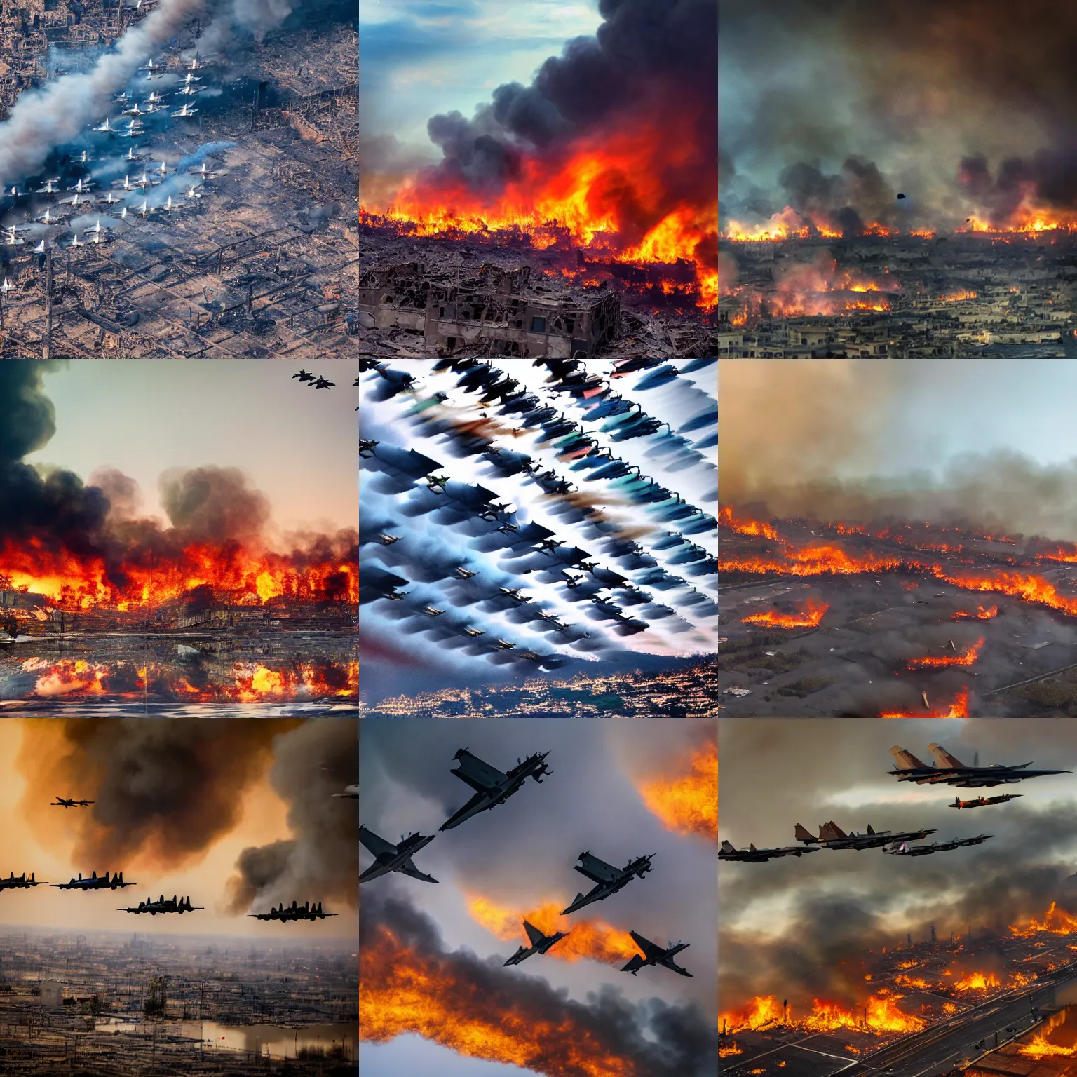 Prompt: landscape photograph of an armada of fighter jets flying over a destroyed smoking burning city, color, reflections, motion blur, atmospheric, award winning photo, bloom