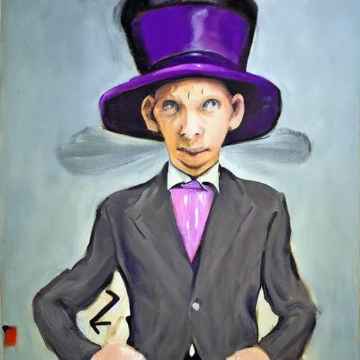 Image similar to in an art gallery, there is a huge painting of an elephant by marlene dumas. a man in a top hat and a suit is looking up at the painting. cgsociety, surrealism, surrealist, dystopian art, purple color scheme