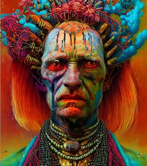 Image similar to Portrait painting in a style of Beksinski mixed with Alex Grey of an old shaman dressed in a colorful traditional clothes. Very psychodelic