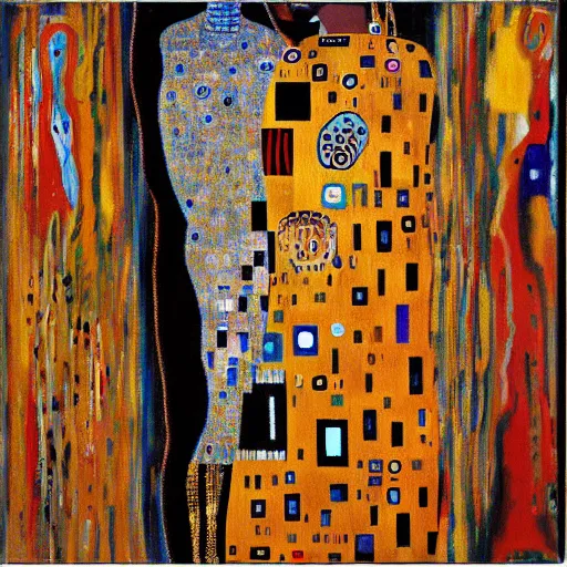 Image similar to artificial intelligence oil painting by klimt and Jean-Michel Basquiat