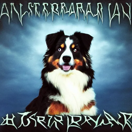 Image similar to australian shepherd on the album cover of a black metal band