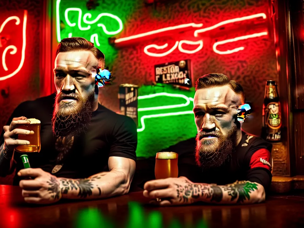 Image similar to a well framed portrait of conor mcgregor drinking a beer and smoking a cigar in an irish pub with a neon bar, trending on art station, in the style of the movie heat, volumetric lighting & shadows, hyper detailed, digital art, unreal engine, 4 0 0 mm f 1. 8,