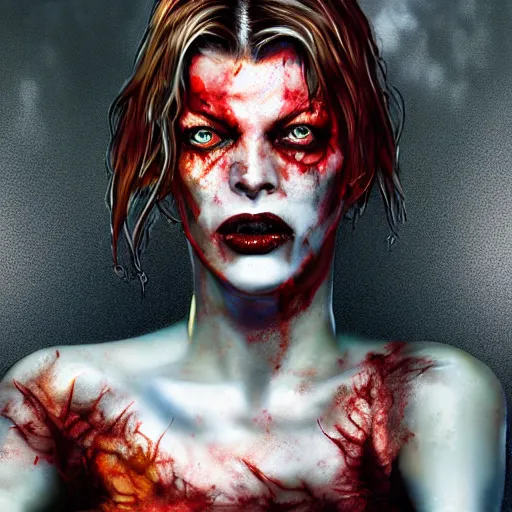 Image similar to angry zombie full body portrait of milla jovovich in an urban szene, grimdark horror, stylized digital illustration, radiating a glowing aura, global illumination, ray tracing, hdr, fanart arstation by ian pesty and katarzyna bek - chmiel