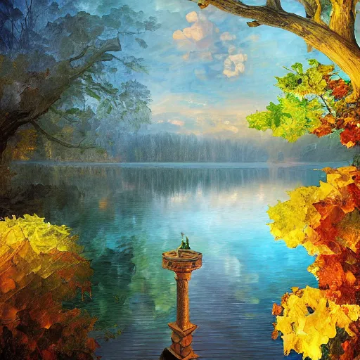 Prompt: lake photograph mansion digital art fantasy ornate depth of field nature photography by m. c. escher, leonid afremov, greg rutkowski, tim white, john howe, rob gonsalves, moebius, benoit mandelbrot