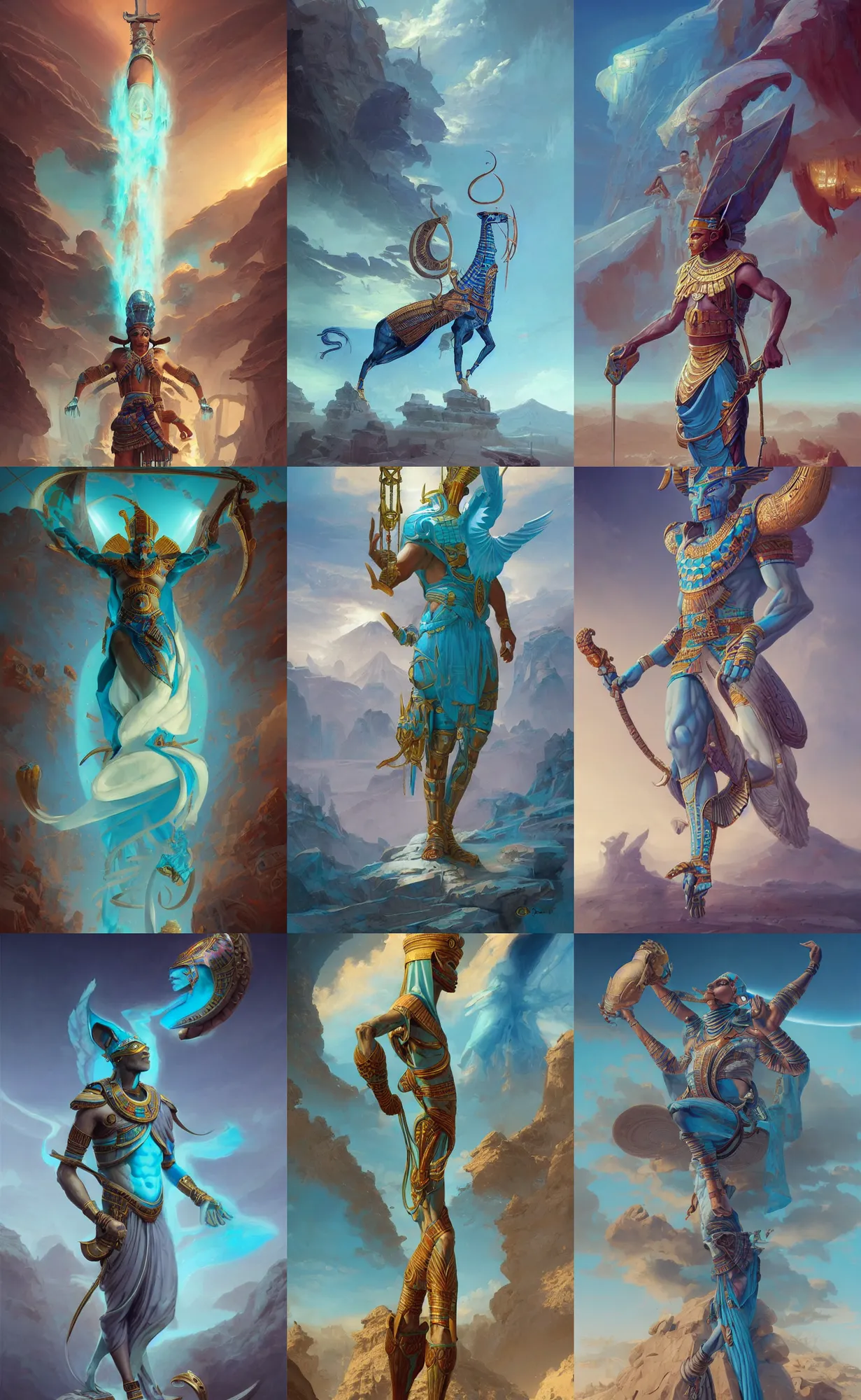 Prompt: cyan sky egyptian god, full body shot, highly detailed, digital painting, artstation, concept art, sharp focus, illustration, orientalism, art by aleksi briclot and mohrbacher and raphael lacoste and magali villeneuve