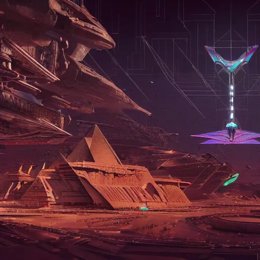 Image similar to an aerial scene of the beautiful intricate epic futuristic cybernetic sphinx in a cyberpunk pharaoh city, floating pyramids in the background, hyper detailed, cinematic lighting