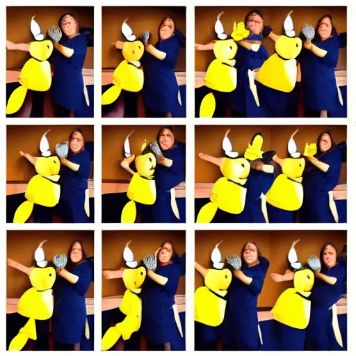 Prompt: photo booth film strip of a person in a banana costume doing fun poses