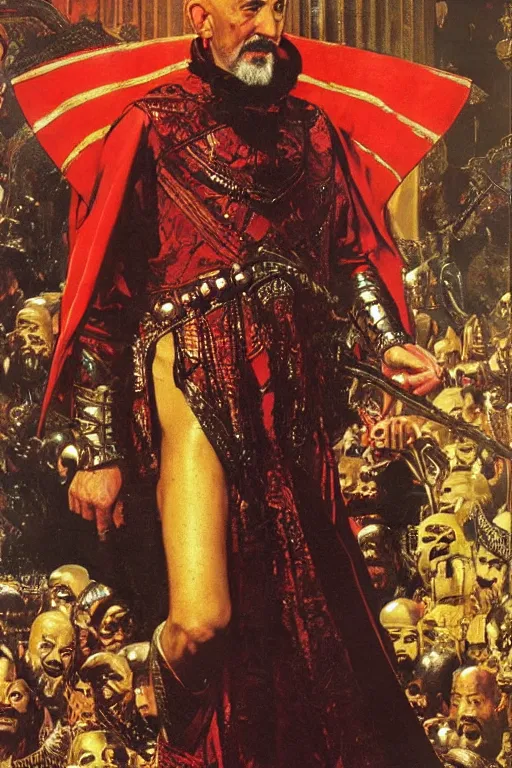 Image similar to ben kingsley as ming the merciless, painted by jack kirby, lawrence alma tadema, norman rockwell, greg staples, wayne barlow, neville page