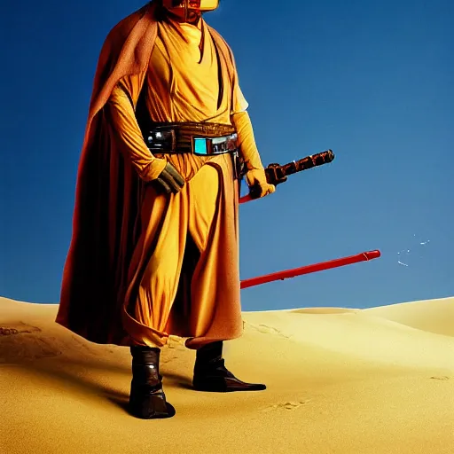 Prompt: photoshoot of comedian red foxx as obi - wan kenobi, tatooine, sunset, dunes, dewbacks, sand people, droids, star wars, photorealistic, atmospheric, photographed in the style of annie leibovitz - h 6 4 0