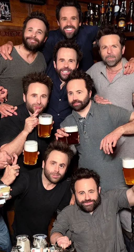 Image similar to charlie day, rob mcelhenney, glenn howerton, kaitlin olson, and danny devito are drinking beer together at a pub