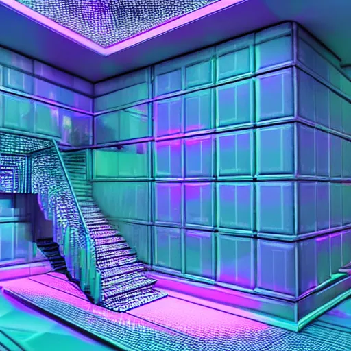 Image similar to a room with a staircase and a disco ball, a 3 d render by mor than, trending on tumblr, crystal cubism, vaporwave, retrowave, synthwave