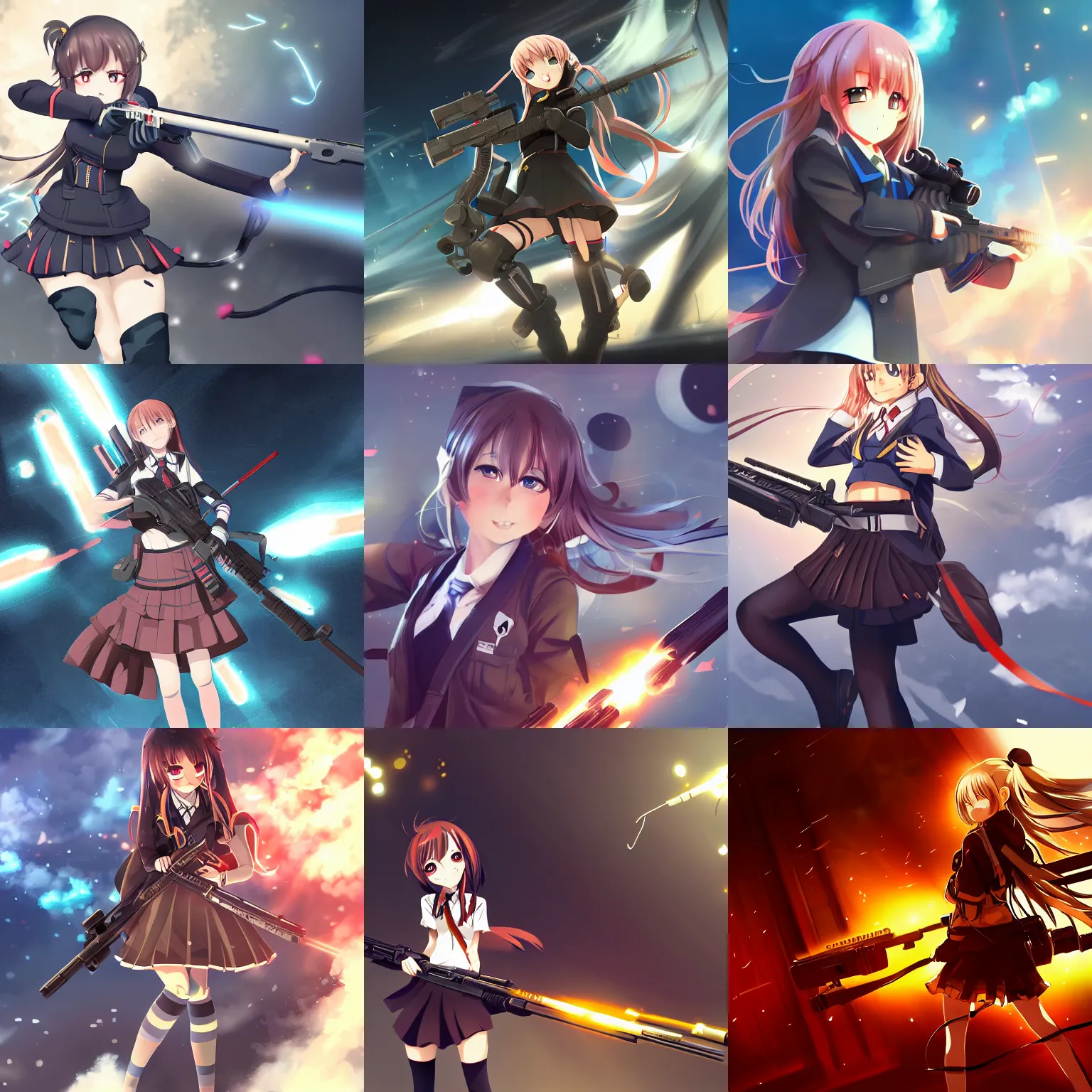 Prompt: anime, full body, female, explosion, a cute girl wearing a school uniform and holding a sniper rifle, light and shadow effects, highly detailed, digital painting, art station, sharp focus, illustration, concept art, advanced digital anime art