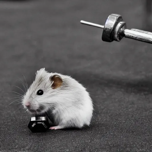 Image similar to “photograph of hamster lifting weights, sharp focus, hd, 8k”