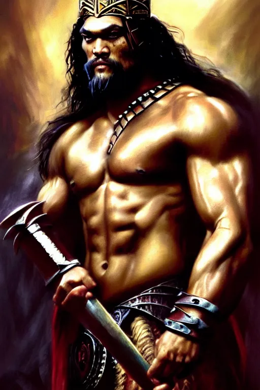 Image similar to beautiful portrait oil painting, jason momoa conan the barbarian standing in a dungeon wearing a crown and royal crimson spartan armor enthroned as the god emperor of ancient rome, muscular, action pose, frank frazetta, boris vallejo, greg rutkowski, beautiful cinematic light, low angle, thomas lawrence, greg rutkowski, high contast