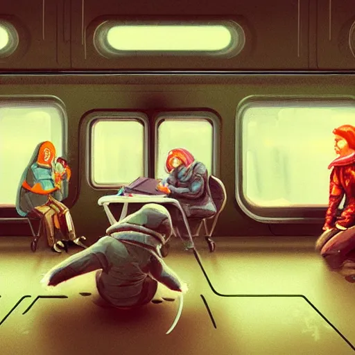 Image similar to fight between grandmas in the train moscow-ryazan, cyberpunk, neon, concept art