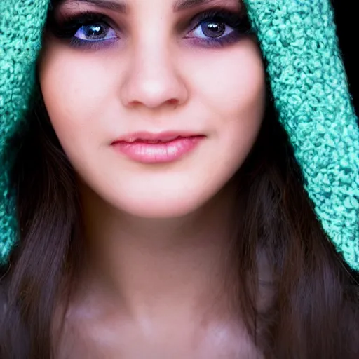 Prompt: close up photograph of a beautiful woman with beany eyes.