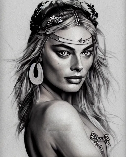 Image similar to realism tattoo sketch of margot robbie as a beautiful greek goddess aphrodite with piercing eyes wearing a laurel wreath and triangle earrings, in the style of greg rutkowski, amazing detail