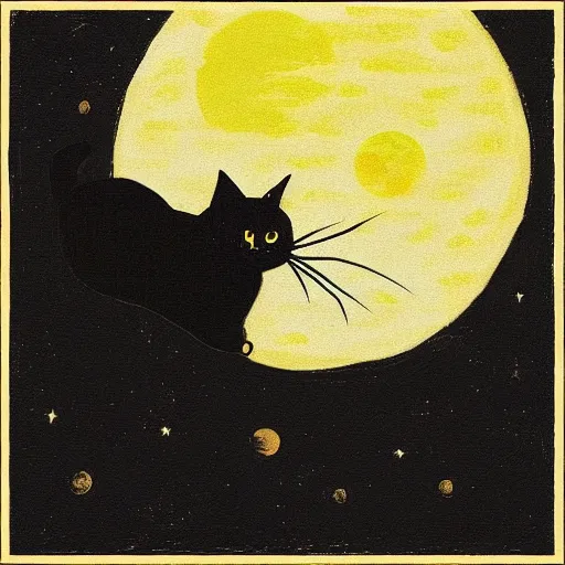 Image similar to “A black cat on top of a building at night with a full moon in the style of Vincent Van Vogh”