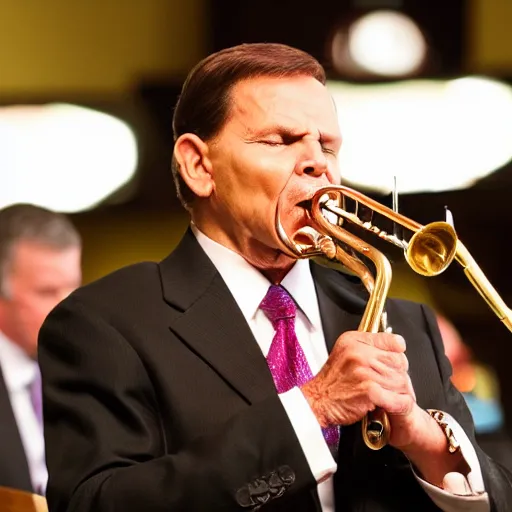 Prompt: kenneth copeland playing trumpet in church