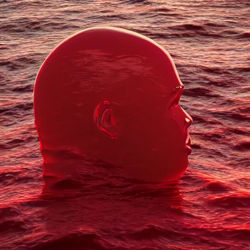 Image similar to a giant human head sculpture in the sea made out of juicy and transparent red jelly, in the style of chad knight, long shot, hyper detailed, hyper realistic, ray tracing, 8 k resolution, sharp focus, realistic water, award winning