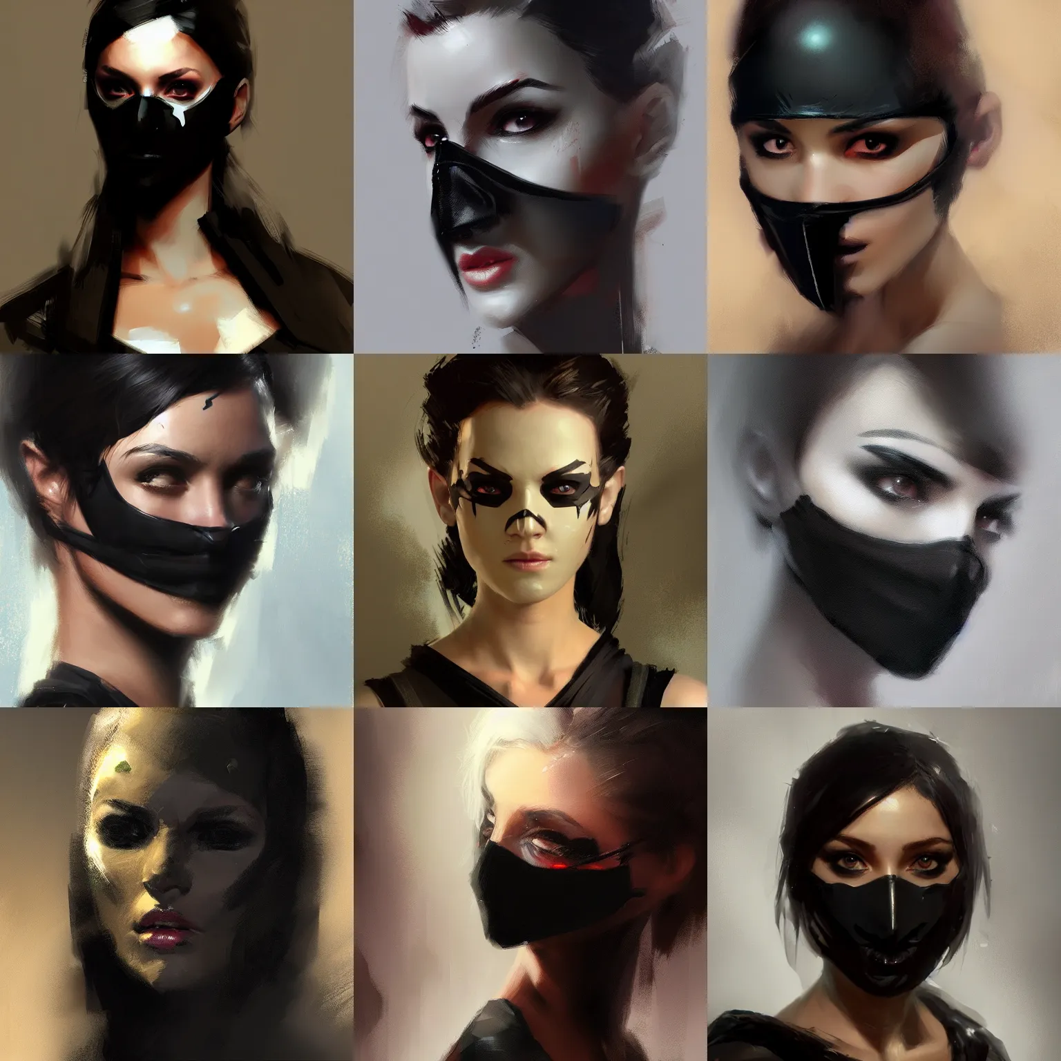Prompt: gorgeous girl wearing a dark black mask, artstation, craig mullins, 4 k