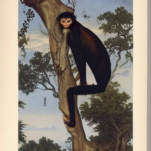 Image similar to spider monkey on a tree, by walton ford, audubon, haeckel, bouguereau