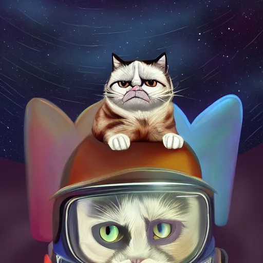 Image similar to grumpy cat's adventures in space, digital painting, trending on artstation, 4 k resolution, highly detailed