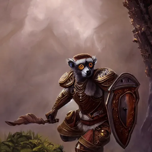 Image similar to Anthropomorphized lemur in battle armour, D&D, fantasy, cinematic lighting, highly detailed, digital painting, artstation, concept art, smooth, sharp focus, illustration, warm light, cozy warm tint, magic the gathering artwork, volumetric lighting, 8k, no gold, no gold colours, art by Akihiko Yoshida, Greg Rutkowski