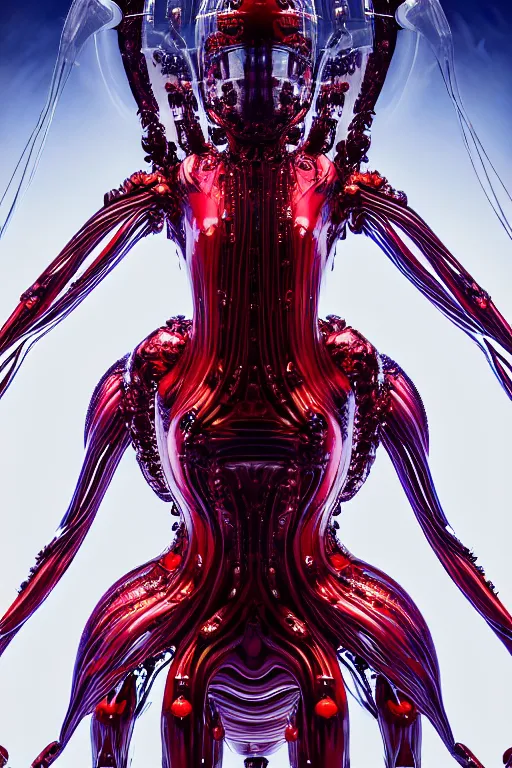 Image similar to background space station, red baroque inflateble dress iris van herpen positing on floor, helmet instead of a head, perfect symmetrical, full body shot, inflateble shapes, wires, tubes, veins, jellyfish, white biomechanical details, wearing epic bionic implants, masterpiece, intricate, biopunk, vogue, highly detailed, artstation, concept art