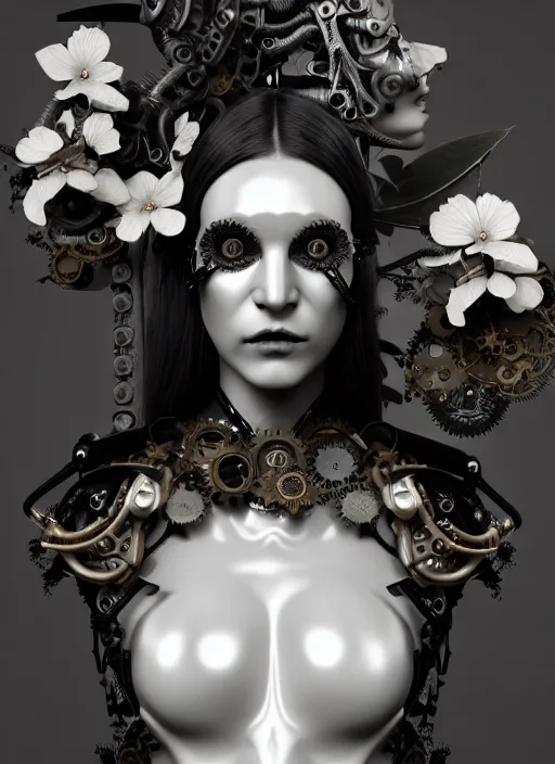 Image similar to monochrome 3 d model, steampunk biomechanical beautiful young female cyborg with porcelain profile face and a big floral eye, volumetric light, leaves foliage and stems, hibiscus flowers, boho floral vines, sinuous fine roots, fine foliage lace, alexander mcqueen, rim light, big gothic fashion pearl embroidered collar, octane render, 8 k