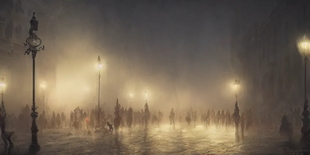 Image similar to a thick swirling fog obscuring a parade, soft lighting, night, unreal engine, digital art, 8 k, oil painting, fantasy art, illustration, detailed and intricate environment