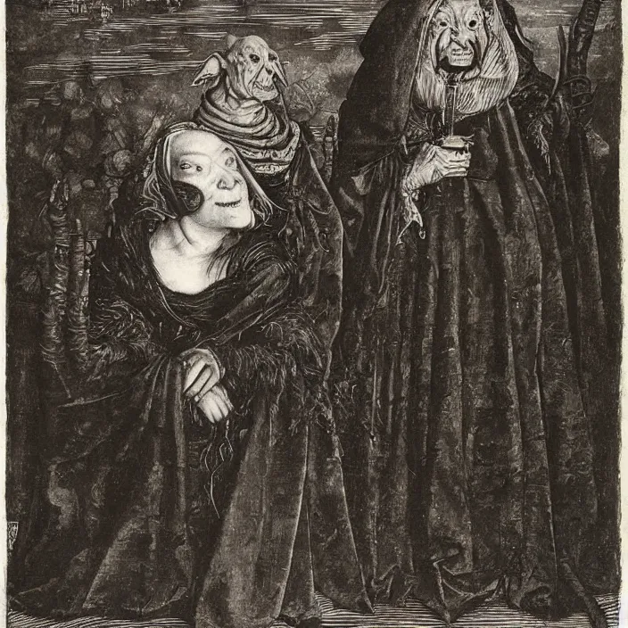 Image similar to a goblin monster and a woman in a black cloak, by Hans Holbein the Younger