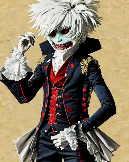 Image similar to tokyo ghoul monster ken kaneki character wearing a beautiful 1 8 th century suit with a tie, rococo style, francois boucher style, highly detailed, very realistic, painterly style