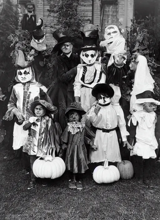 Prompt: photograph from 1905 of Halloween trick or treaters wearing Michael Jackson Thriller costumes, highly detailed, vintage film