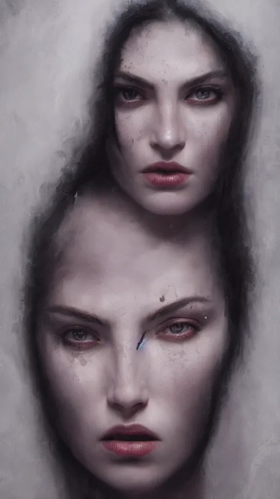 Image similar to Face of a beautiful woman with very black hair, intimidating woman, large black eyes, high forehead, smooth pale skin, ethereal skin, ominous, eldritch. oil painting by nuri iyem, james gurney, james jean, greg rutkowski, highly detailed, soft lighting, chiaroscuro