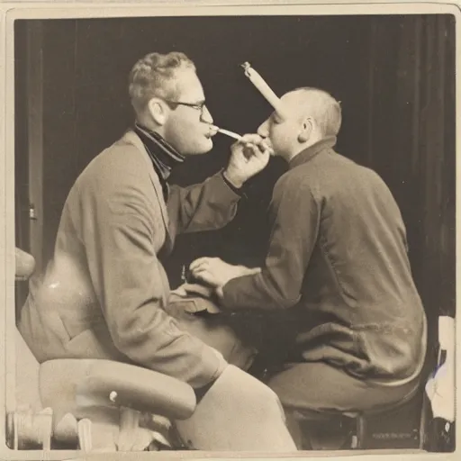 Prompt: a real dentist drilling a tooth while smoking a cigarette held by his assistant