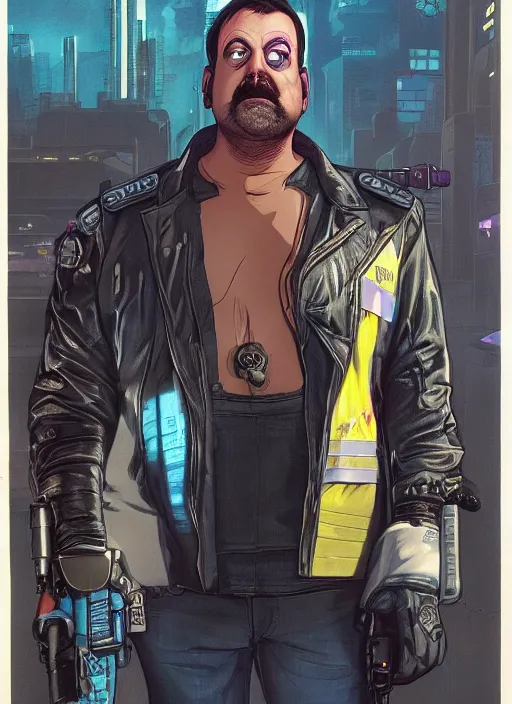 Prompt: cyberpunk paul blart mall cop. portrait by mœbius and will eisner and gil elvgren and pixar. realistic proportions. cyberpunk 2 0 7 7, apex, blade runner 2 0 4 9 concept art. cel shading. attractive face. thick lines.