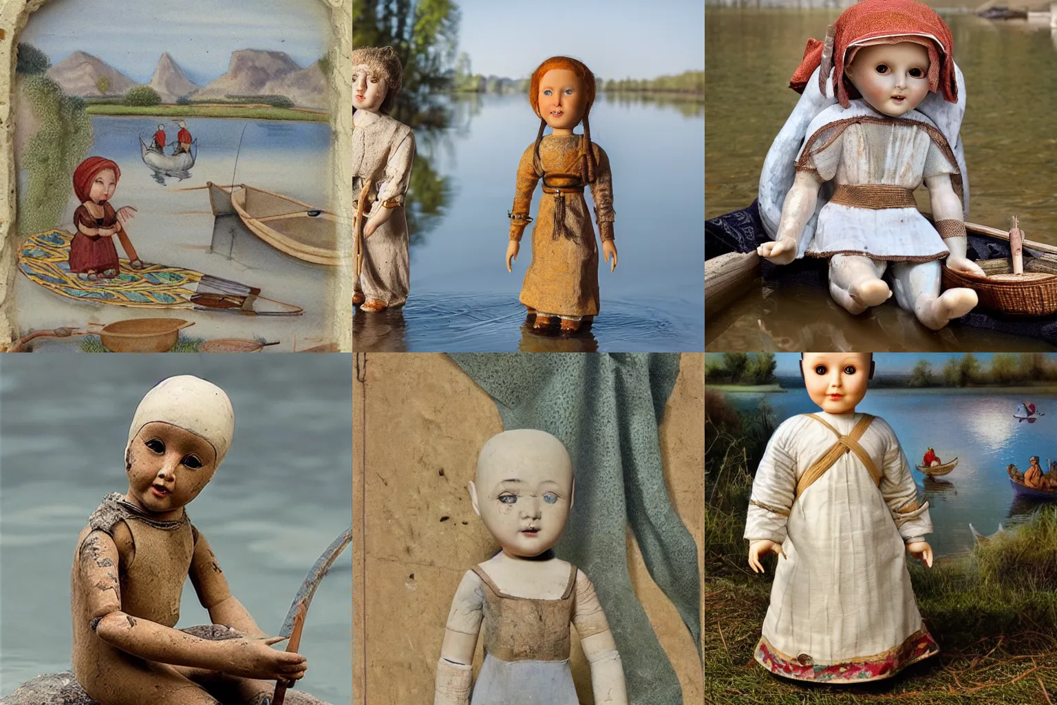 Prompt: porcelain doll, fisherman by the lake, art in the style of Mesopotamia 3000 to 4000 BCE and Protoliterate and Yahya ibn Mahmud al-Wasiti and Firyal Al-Adhamy