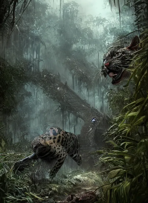 Prompt: mutated jaguar in a post apocalyptic city overgrown with lush vegetation, by Luis Royo, by Greg Rutkowski, dark, gritty, intricate, backlit, strong rimlight, cover illustration, concept art, volumetric lighting, volumetric atmosphere,sharp focus, octane render, trending on artstation, 8k