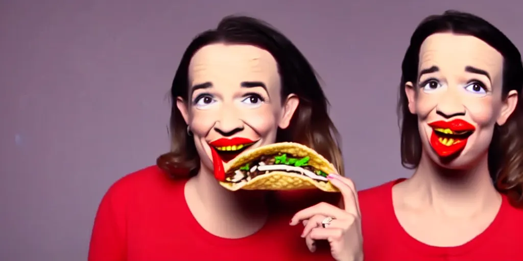 Image similar to old distorted camcorder video of miranda sings holding a taco, multiple poses, video still from miranda sings youtube videos