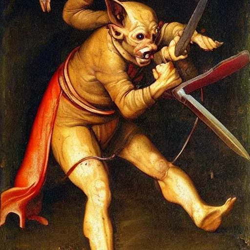 Image similar to renaissance painting of a goblin being slain by a sword, colorful