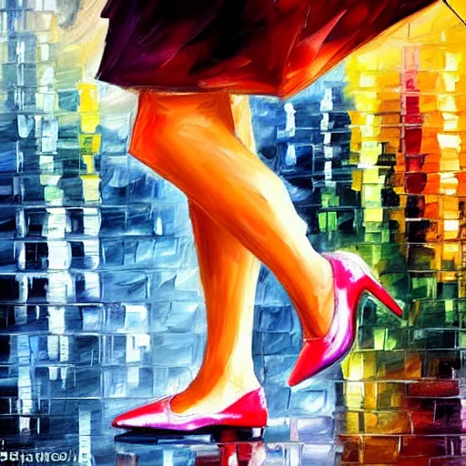 Prompt: closeup of a high-heel shoe worn by a female as she steps into a shallow rain puddle on a busy crosswalk, by Leonid Afremov