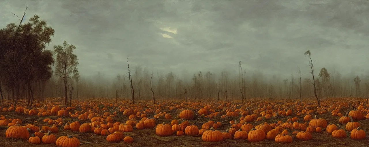 Image similar to a large pumpkin patch surrounded by dead trees in a spooky fog shrouded landscape, fall, matte painting, by Isaac Levitan, Frederic Church and Vasily Perov