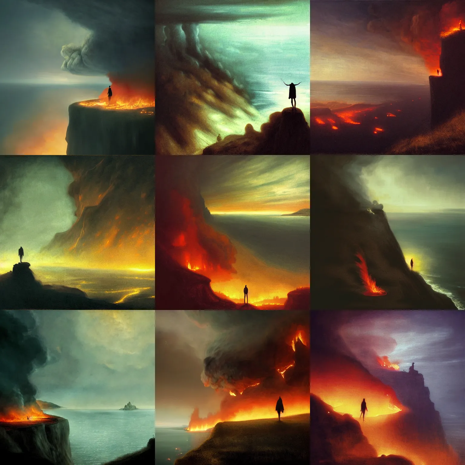 Prompt: silhouette of person standing on edge of cliff, large village in distance on fire, night, smoke, particles, painting, high detailed, fantasy, particles, fog, creepy, tintoretto, beksinski, masanori warugai, wlop