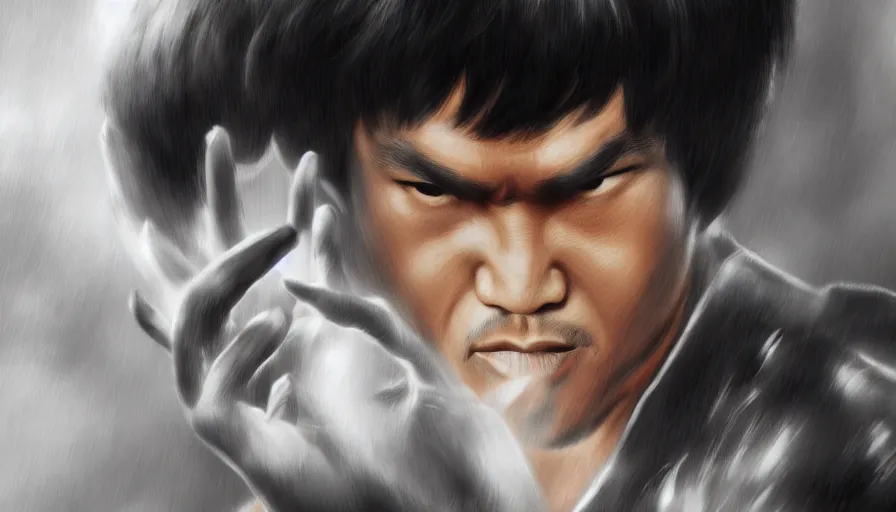 Image similar to Bruce Lee is Raiden, hyperdetailed, artstation, cgsociety, 8k