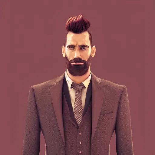 Image similar to haracter concept of a rich daddy, 3 6 years old, wear suits, stubble, cramel hair, symmetrical character concept art, rendered in octane, trending by artstation, artbreeder