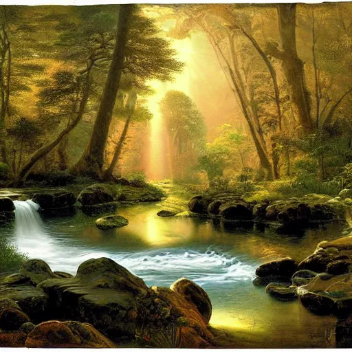 Prompt: a forest oasis, rock pools, harmony of nature, infinite dawn, angelic light, sparkling dew, by asher brown durand, by iyoshitaka amano